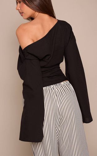 Black Haut À Manche Drapée Asymétrique En Mélange Coton Lin | Taille 32 - PrettyLittleThing - Modalova