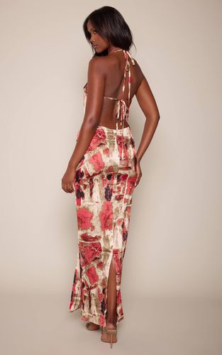 Cream Robe Longue Drapée À Imprimé Abstrait Et Décolleté Plongeant | Taille 32 - PrettyLittleThing - Modalova