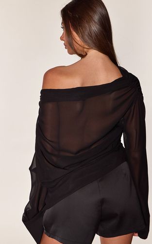 Black Haut En Mousseline Drapé À Manches Longues | Taille 36 - PrettyLittleThing - Modalova