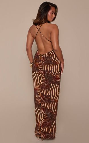 Brown Robe Maxi Ajustée À Imprimé Animal Tissé Avec Détails De Bonnets En Dentelle | Taille 44 - PrettyLittleThing - Modalova