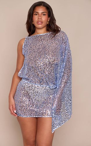Robe Mini Ajustée À Sequins Semi-transparents Bleus Avec Manche Chauve-souris Asymétrique | Taille 42 - PrettyLittleThing - Modalova