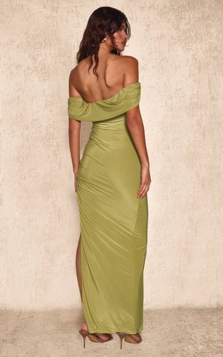 Olive Robe Maxi Bardot Torsadée En Jersey Slinky Double Épaisseur | Taille 42 - PrettyLittleThing - Modalova