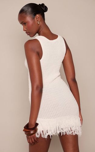 Cream Robe Mini Asymétrique En Maille À Col Nageur Et Ourlet À Franges | Taille XS - PrettyLittleThing - Modalova