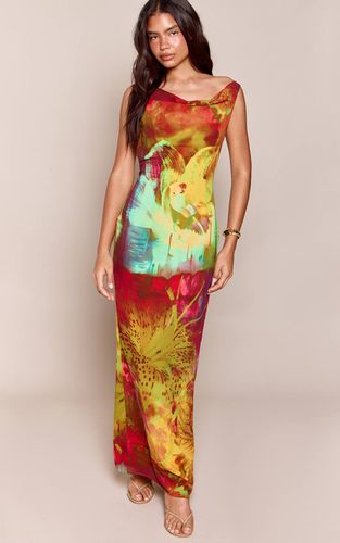 Multi Robe Longue Imprimée Florale Abstraite En Mousseline Avec Détail De Perles Et Dos Ouvert | Taille 42 - PrettyLittleThing - Modalova