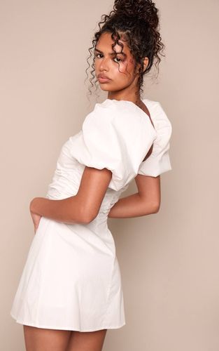 White Robe Courte Tissée À Encolure Droite Et Manches Bouffantes | Taille 32 - PrettyLittleThing - Modalova