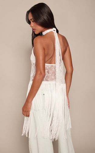 White Top Long En Dentelle Transparente Avec Détails À Pompons | Taille 42 - PrettyLittleThing - Modalova