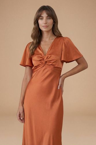 Robe De Demoiselle D'honneur Mi-longue En Satin Rouille À Manches Papillon Et Détail Torsadé Devant | Taille 8 - Oasis - Modalova