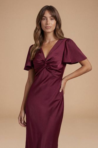 Robe De Demoiselle D'honneur Mi-longue En Satin Bordeaux À Détail Torsadé Devant Et Manches Papillon | Taille 38 - Oasis - Modalova