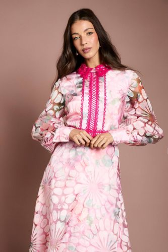 Robe Midi en Organza Imprimé à Col Contrastant et Finitions Dentelle | Taille 42 - Coast - Modalova