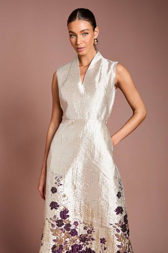 Robe Mi-Longue Jacquard à Encolure Échancrée et Imprimé Floral Bordé | Taille 46 - Coast - Modalova