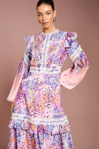 Robe Maxi à Imprimé Placé avec Détails de Dentelle et Volants | Taille 40 - Coast - Modalova