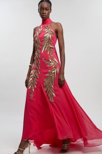 Robe maxi tissée avec détail en plumes et sequins à encolure halter | Taille 14 - KarenMillen - Modalova