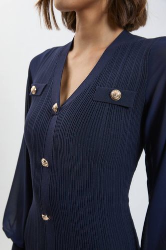 Robe Mi-Longue en Maille Côtelée Mélange Viscose à Manches en Mousseline | Taille Medium - KarenMillen - Modalova