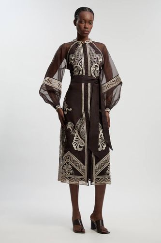 Robe Longue Tissée à Manches Bouffantes en Organdi Brodé | Taille 12 - KarenMillen - Modalova