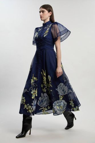 Robe Midi Petite à Manches Évasées en Organdi avec Broderie Botanique | Taille 10 - KarenMillen - Modalova