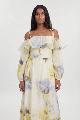 Robe Longue Tissée À Smocks Et Épaules Dénudées À Imprimé Fleuri Bleu Petite | Taille 12 - KarenMillen - Modalova