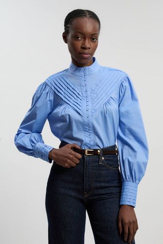 Blouse Tissée En Coton À Col Montant Plissé Et Manches Bouffantes | Taille 16 - KarenMillen - Modalova
