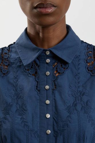 Robe Midi Tissée En Coton À Manches Ballon Et Broderie Ajourée Petite | Taille 44 - KarenMillen - Modalova