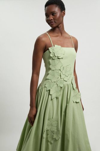 Robe Midi En Coton Lin À Détails Floraux 3D Et Ourlet Bouffant | Taille 18 - KarenMillen - Modalova