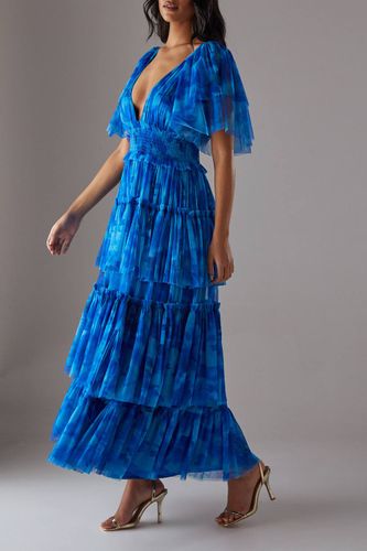 Robe Longue Étagée en Tulle Floral à Décolleté Plongeant et Manches Volantées | Taille 38 - Warehouse - Modalova