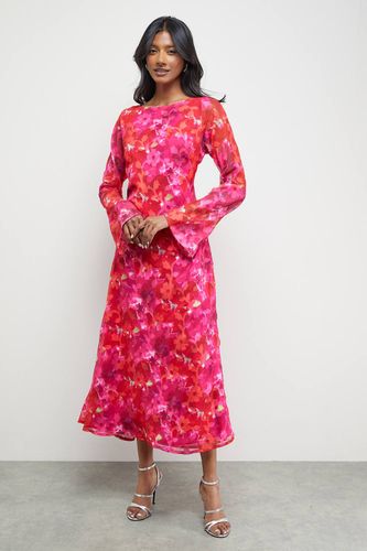 Robe Midi Biais à Encolure Bardot en Mousseline Florale Dévorée | Taille 38 - Warehouse - Modalova