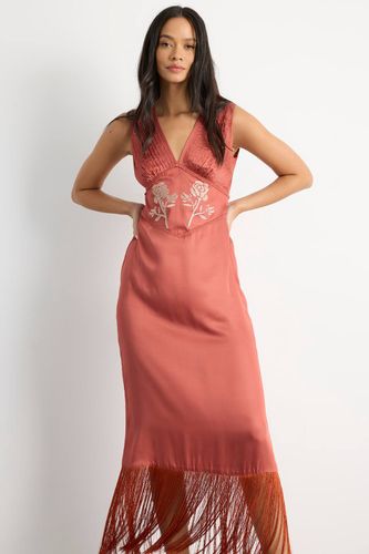 Robe Midi Brodée Avec Détails De Plis Nervurés Et Franges | Taille 46 - Warehouse - Modalova