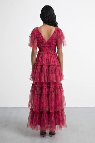 Robe Maxi À Volants En Tulle Fleuri Avec Décolleté Plongeant Et Manches Papillon | Taille 46 - Warehouse - Modalova