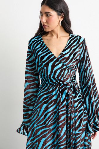 Robe Maxi en Velours Dévoré à Décolleté Plongeant et Manches Évasées avec Ceinture | Taille 44 - Warehouse - Modalova