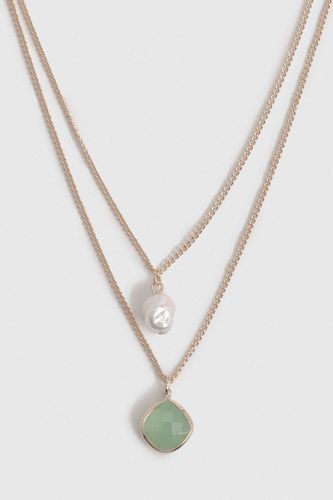 Collier Superposé En Pierre Verte Et Perles - boohoo - Modalova