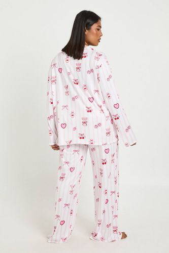 Ensemble Pyjama Grande Taille Rayures Saint-Valentin Imprimé Cocktails et Cerises Haut Manches Longues & Pantalon | Taille 48 - boohoo - Modalova