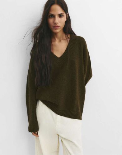 Pull & Bear - Pull en maille Ã  col V - Vert chasseur Vert M female - Pull&bear - Modalova