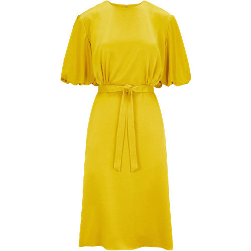 Draped Puff Sleeve Satin Dress (Golden Yellow) - Femponiq - Modalova