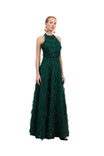 MAISSA green feather long evening gown with open back - UNDRESS - Modalova