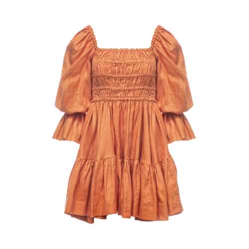 Amelia Ruched Mini Linen Dress in Rust Orange - Vasiliki - Modalova