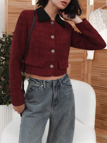 Cropped tweed jacket with contrasting collar - Lichi - Modalova