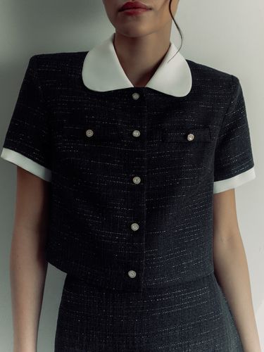 Short-sleeved tweed top with contrasting inserts - Lichi - Modalova