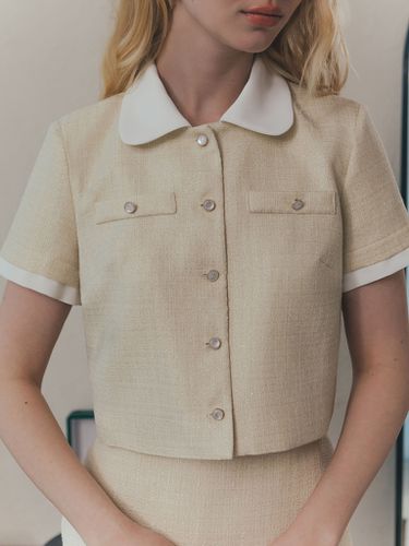 Short-sleeved tweed top with contrasting inserts - Lichi - Modalova