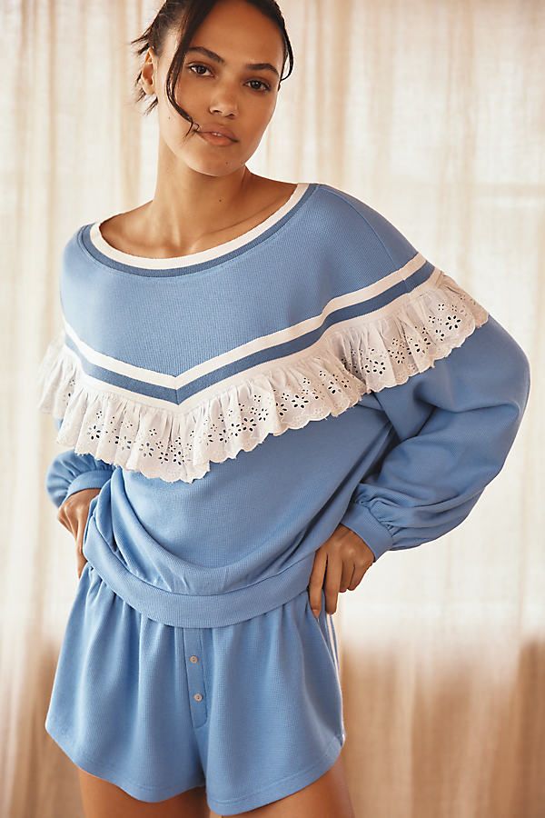 Short de pyjama en maille gaufrée en Blue taille: XS - By Anthropologie - Modalova