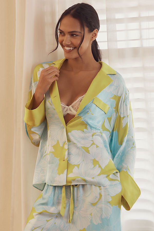 Oversized Button-Front Pyjama Shirt en Green taille: XS - By Anthropologie - Modalova