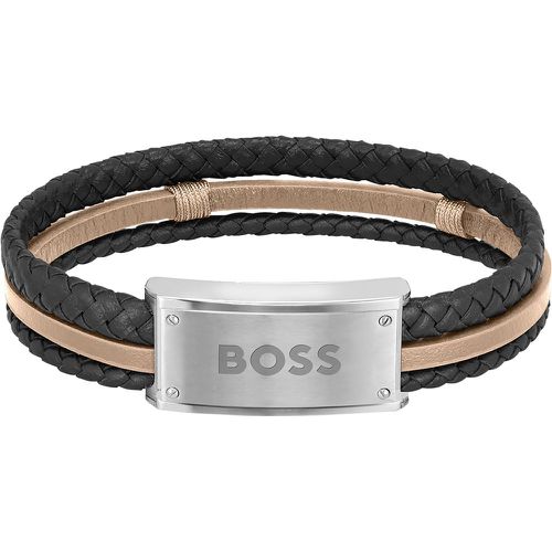 BOSS - Bracelet en cuir tressé marron avec fermoir à anneau en D